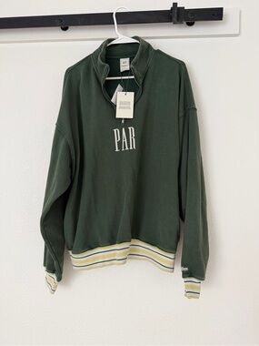 GAP x Malbon Men's Forest Green Quarter-Zip Sweatshirt with Striped Hem
